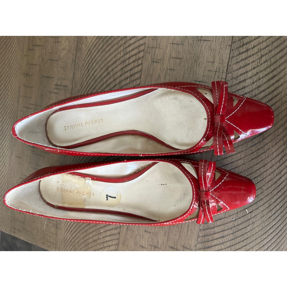 Etienne Aigner Red Patent Leather Wedge Pumps - Size 7 - Classic Bow‎